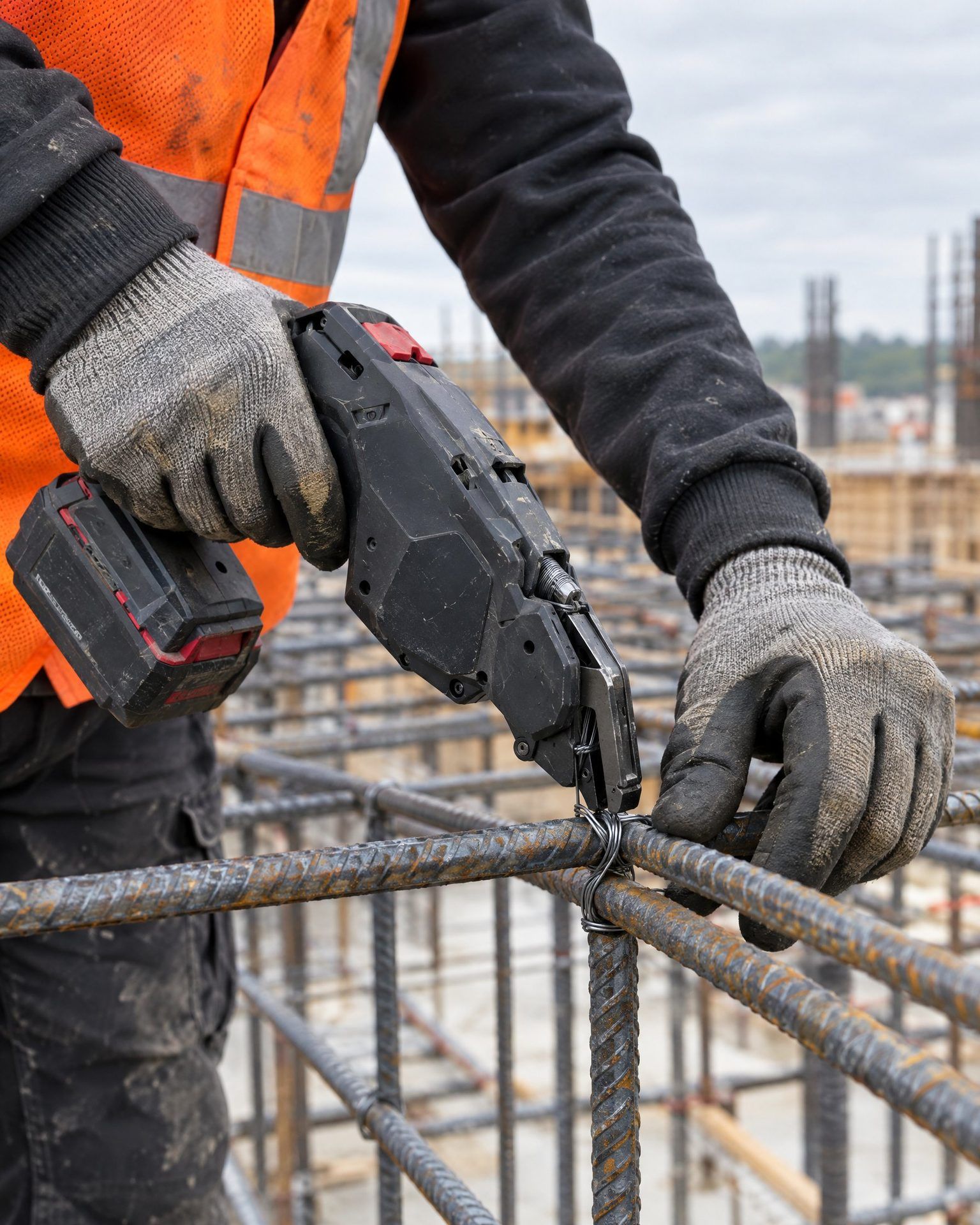 Hände in Arbeitshandschuhen binden Bewehrungsstäbe mit Rödeldraht